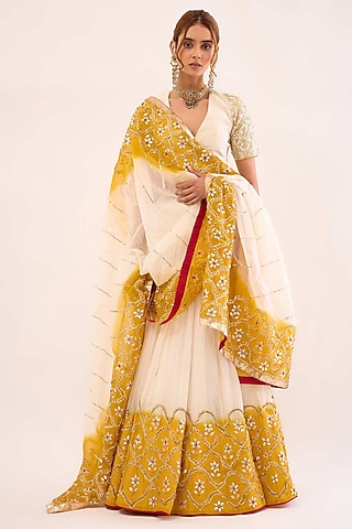 Off-White & Yellow Pure Chanderi Gota-Patti Embroidered Lehenga Set by Sihali Jageer
