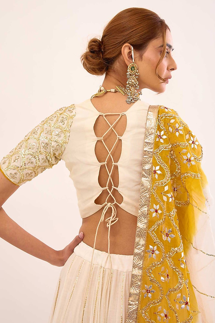 Off-White & Yellow Pure Chanderi Gota-Patti Embroidered Bridal Lehenga Set by Sihali Jageer at Pernia's Pop Up Shop