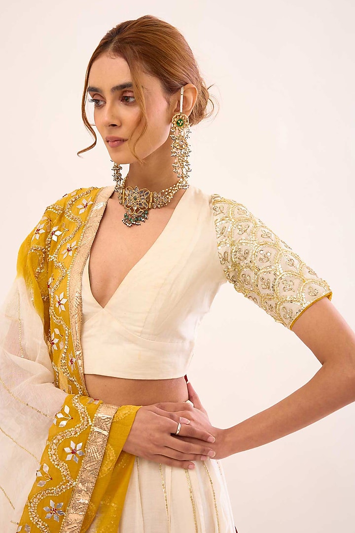 Off-White & Yellow Pure Chanderi Gota-Patti Embroidered Bridal Lehenga Set by Sihali Jageer at Pernia's Pop Up Shop