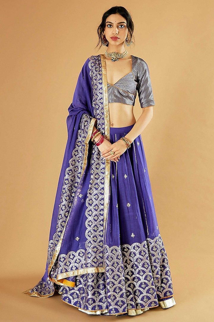 Blue Pure Chanderi Gota Embroidered Bridal Lehenga Set by Sihali Jageer at Pernia's Pop Up Shop