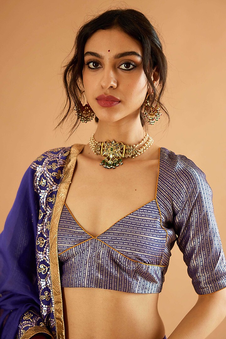 Blue Pure Chanderi Gota Embroidered Bridal Lehenga Set by Sihali Jageer at Pernia's Pop Up Shop