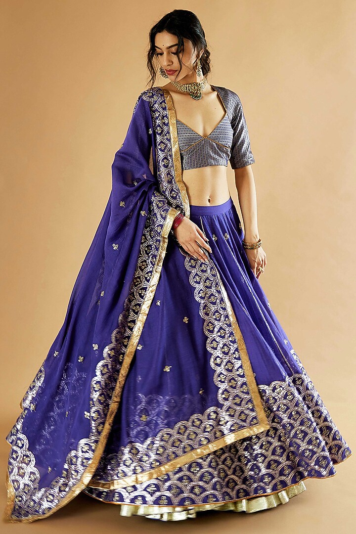 Blue Pure Chanderi Gota Embroidered Bridal Lehenga Set by Sihali Jageer at Pernia's Pop Up Shop