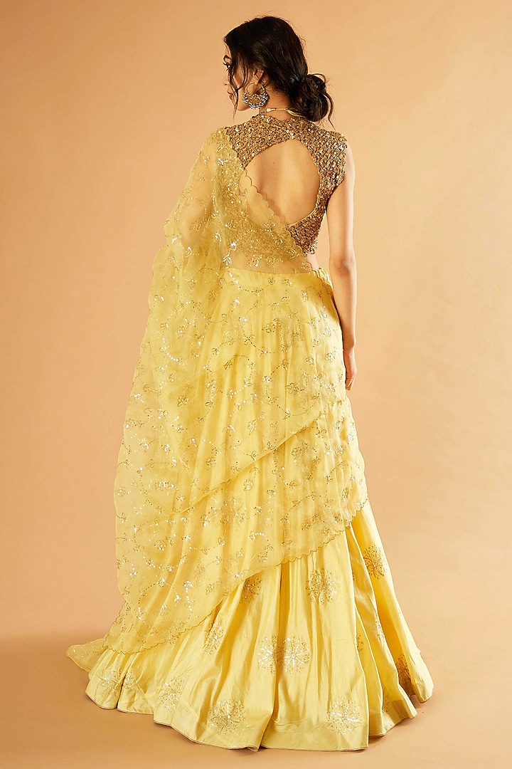 Lemon Yellow Pure Silk Boota Embroidered Wedding Lehenga Set by Sihali Jageer at Pernia's Pop Up Shop
