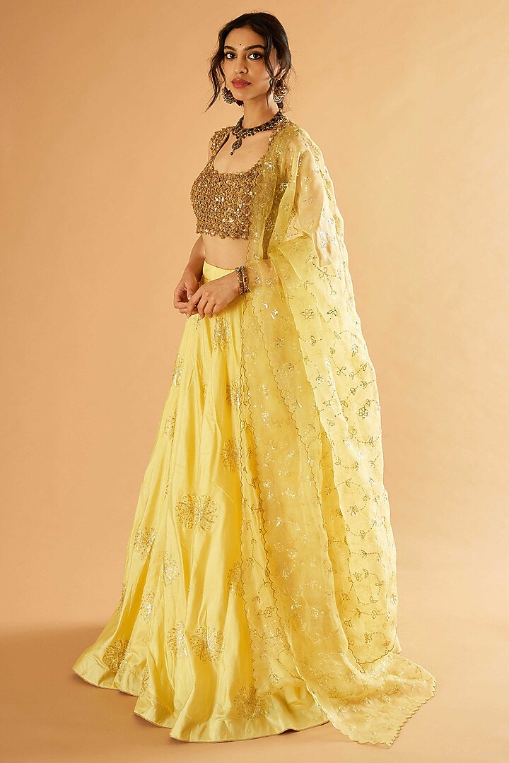 Lemon Yellow Pure Silk Boota Embroidered Wedding Lehenga Set by Sihali Jageer at Pernia's Pop Up Shop