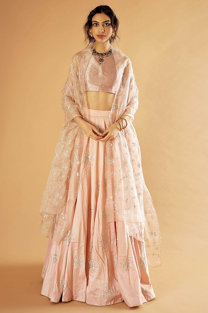 Onion Pink Pure Silk Jaal Embroidered Wedding Lehenga Set by Sihali Jageer at Pernia's Pop Up Shop