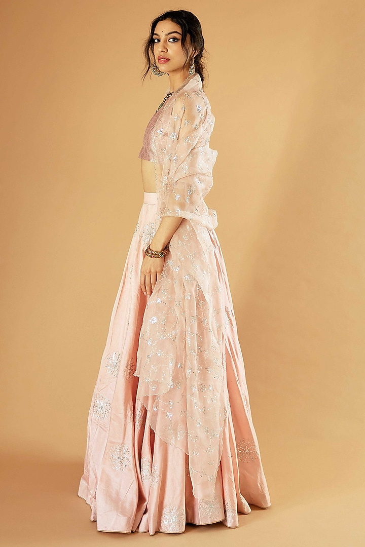 Onion Pink Pure Silk Jaal Embroidered Wedding Lehenga Set by Sihali Jageer at Pernia's Pop Up Shop