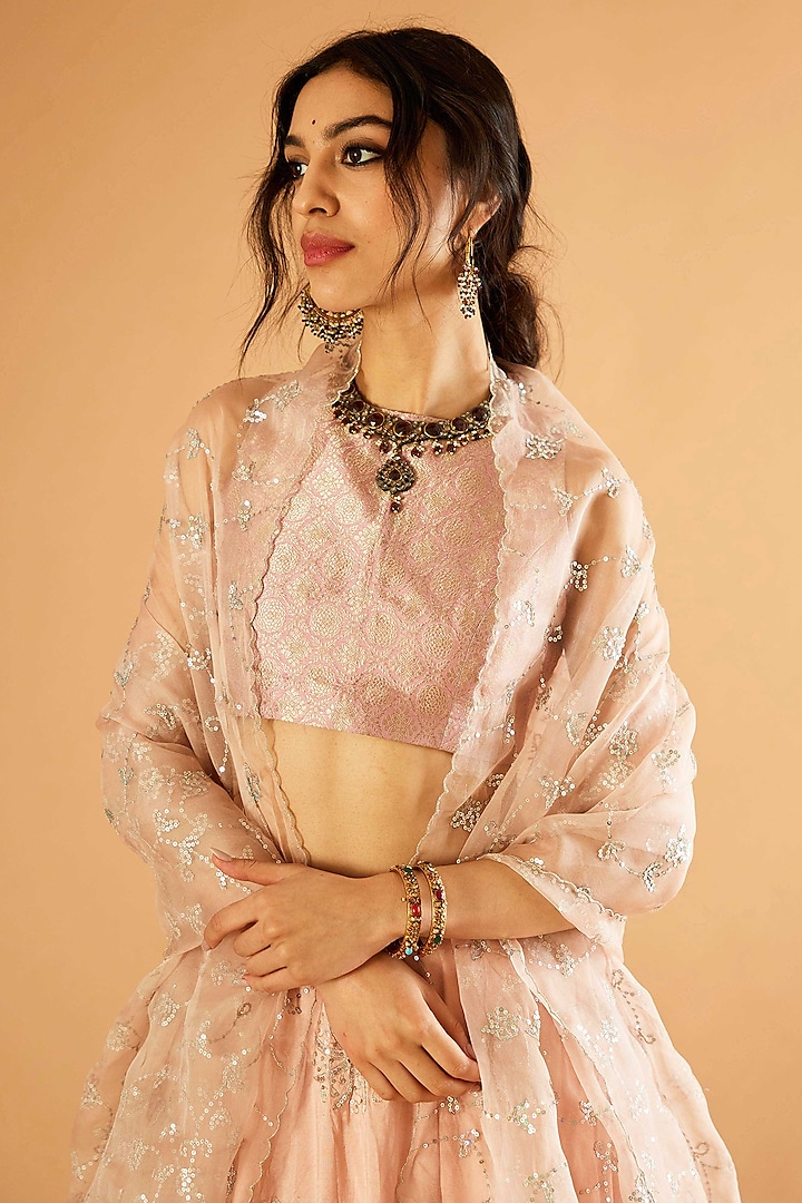 Onion Pink Pure Silk Jaal Embroidered Wedding Lehenga Set by Sihali Jageer at Pernia's Pop Up Shop