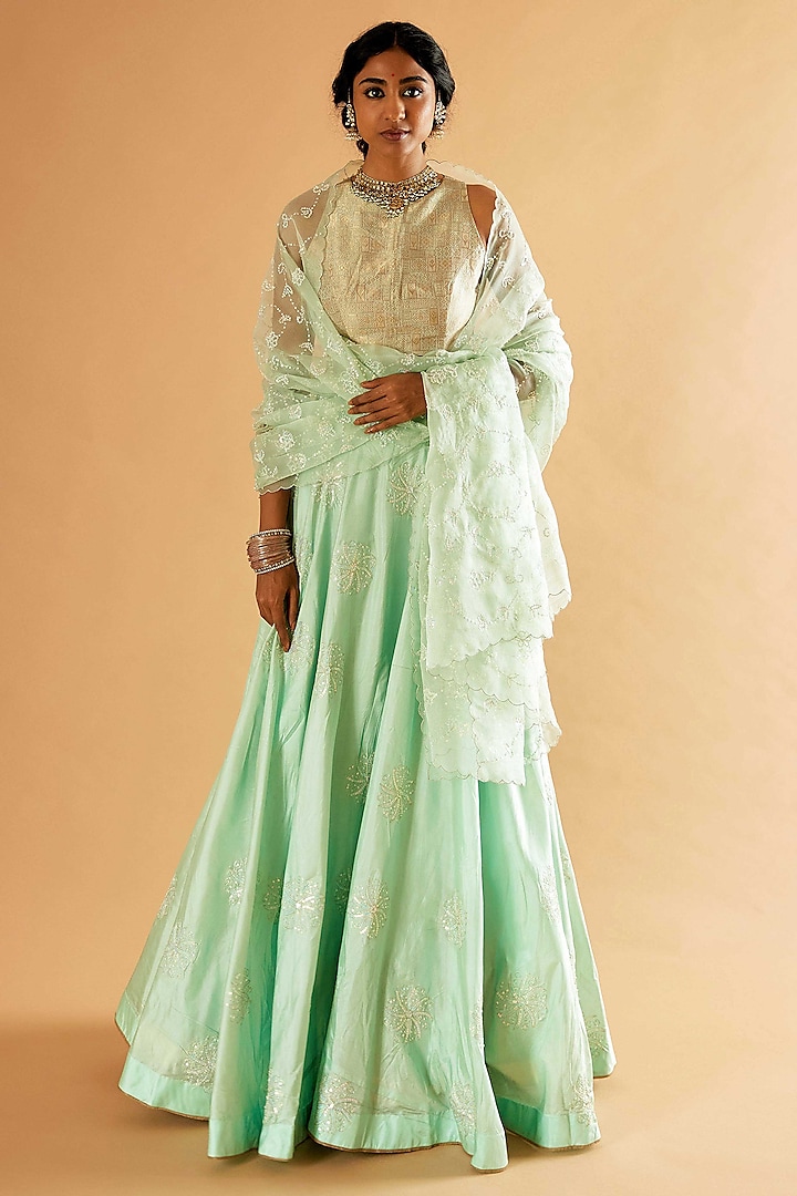 Sea Green Pure Silk Jaal Embroidered Wedding Lehenga Set by Sihali Jageer at Pernia's Pop Up Shop