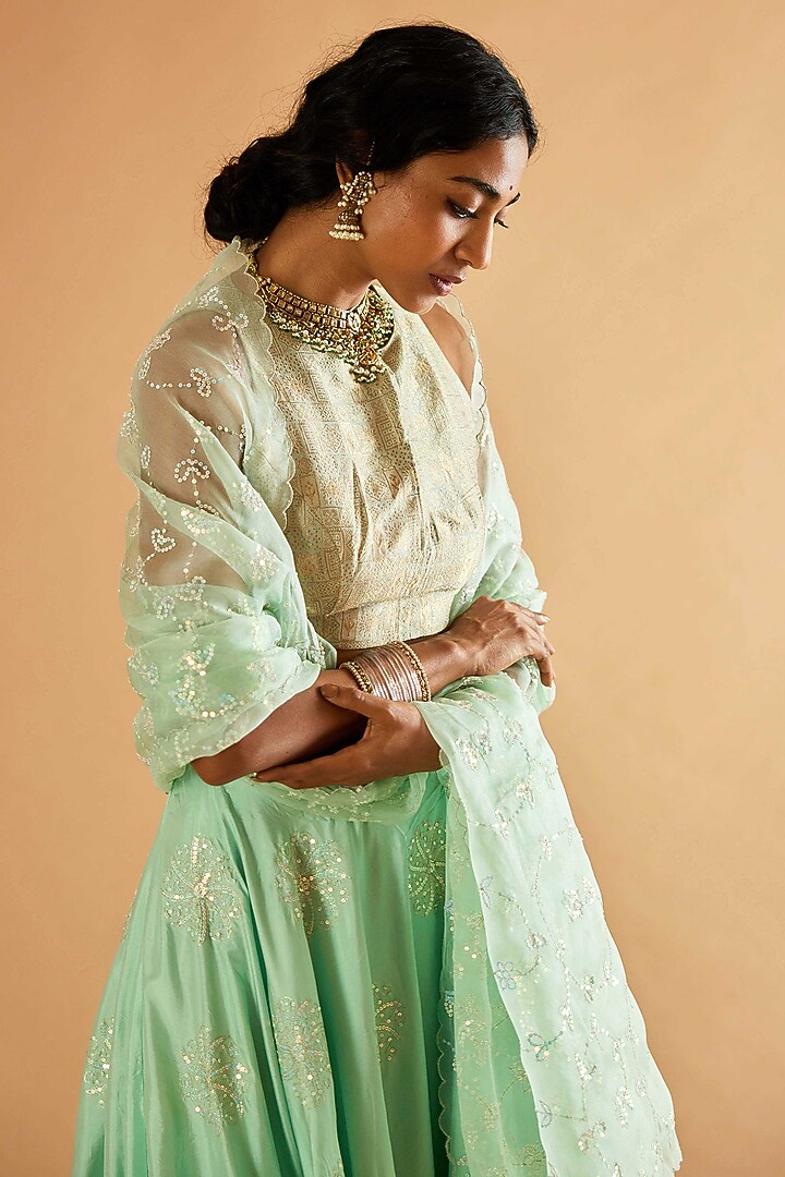 Sea Green Pure Silk Jaal Embroidered Wedding Lehenga Set by Sihali Jageer at Pernia's Pop Up Shop