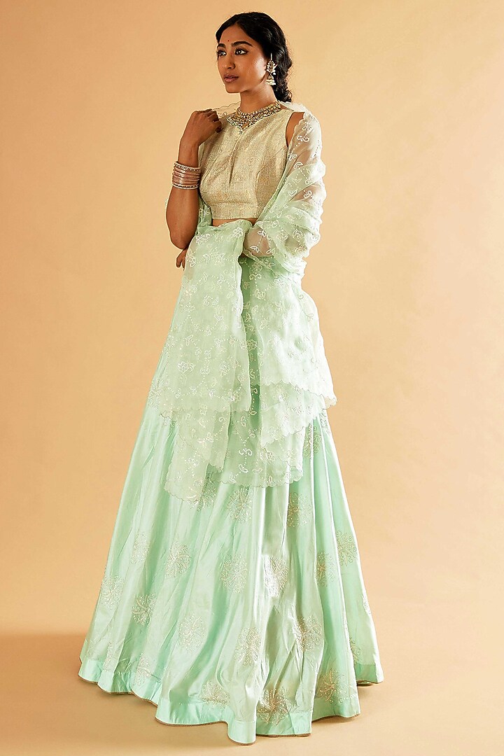 Sea Green Pure Silk Jaal Embroidered Wedding Lehenga Set by Sihali Jageer at Pernia's Pop Up Shop