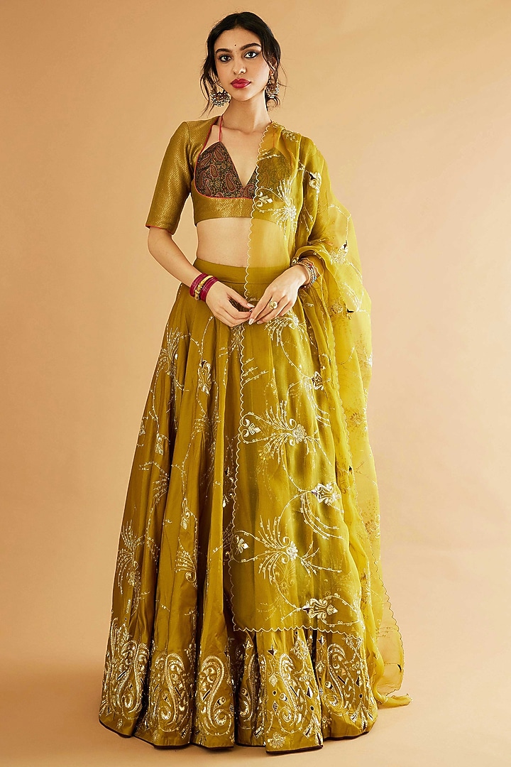 Mehendi Green Pure Silk Jaal Hand Embroidered Bridal Lehenga Set by Sihali Jageer at Pernia's Pop Up Shop