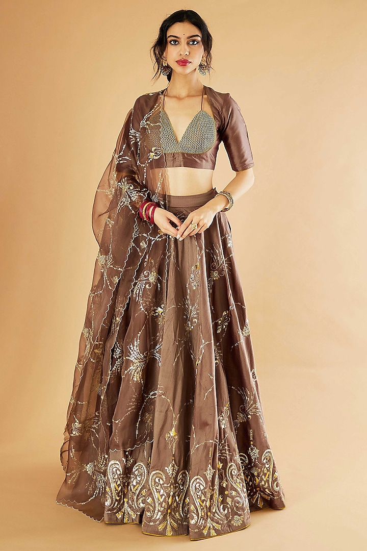 Copper Brown Pure Silk Karchobi Embroidered Bridal Lehenga Set by Sihali Jageer at Pernia's Pop Up Shop