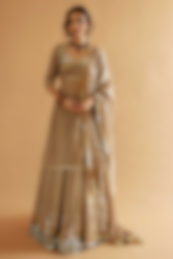 Beige Brown Pure Silk Mukaish Embroidered Wedding Lehenga Set by Sihali Jageer at Pernia's Pop Up Shop