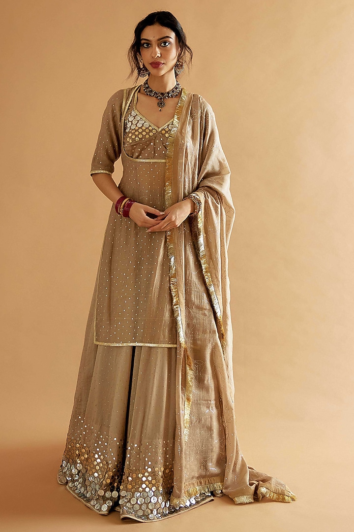 Beige Brown Pure Silk Mukaish Embroidered Wedding Lehenga Set by Sihali Jageer at Pernia's Pop Up Shop