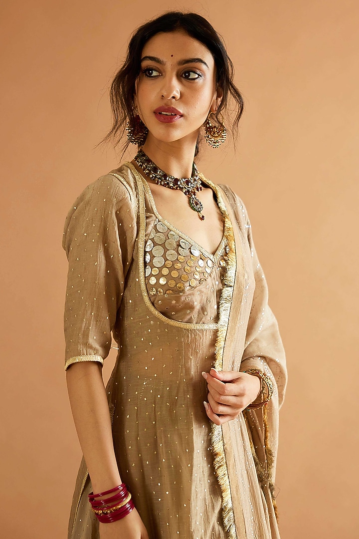 Beige Brown Pure Silk Mukaish Embroidered Wedding Lehenga Set by Sihali Jageer at Pernia's Pop Up Shop