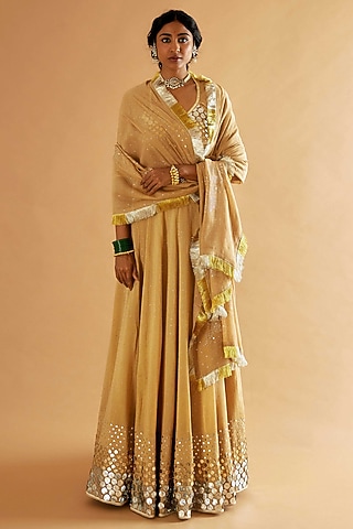 Beige Pure Silk Mukaish Embroidered Lehenga Set by Sihali Jageer