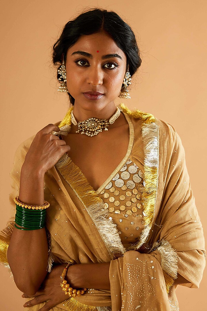 Beige Pure Silk Mukaish Embroidered Wedding Lehenga Set by Sihali Jageer at Pernia's Pop Up Shop