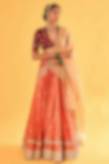 Orange Pure Cotton Silk Gota Embroidered Wedding Lehenga Set by Sihali Jageer at Pernia's Pop Up Shop