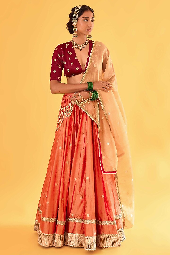 Orange Pure Cotton Silk Gota Embroidered Wedding Lehenga Set by Sihali Jageer at Pernia's Pop Up Shop