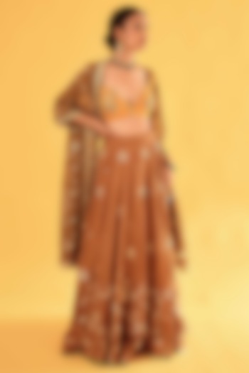 Olive Brown Pure Georgette Aari Embroidered Bridal Lehenga Set by Sihali Jageer at Pernia's Pop Up Shop