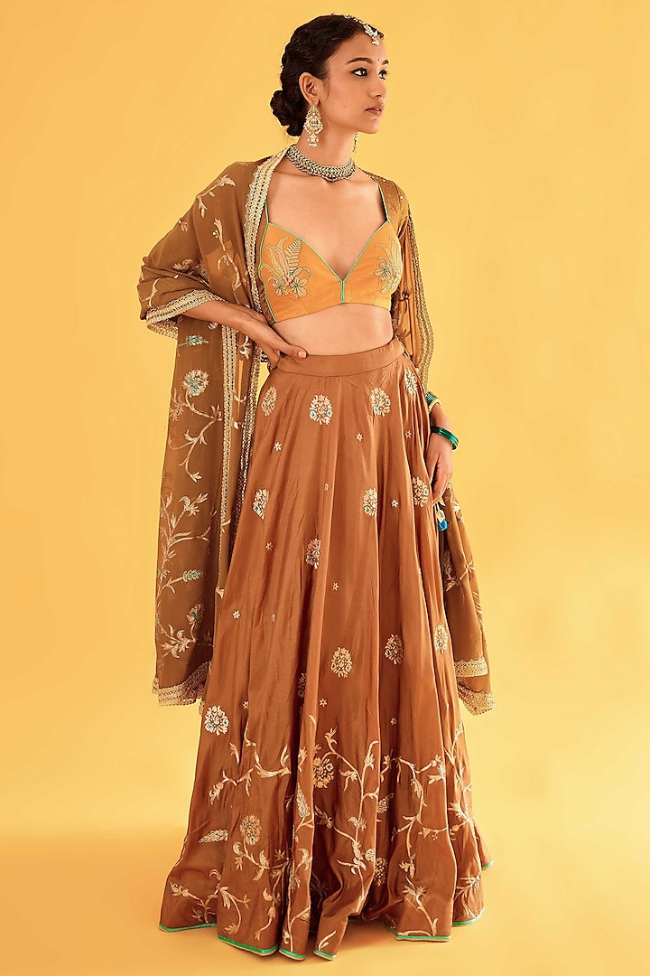 Olive Brown Pure Georgette Aari Embroidered Bridal Lehenga Set by Sihali Jageer at Pernia's Pop Up Shop