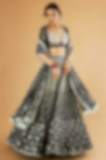 Charcoal Ombre Pure Chanderi Silk Jaal Embroidered Bridal Lehenga Set by Sihali Jageer at Pernia's Pop Up Shop