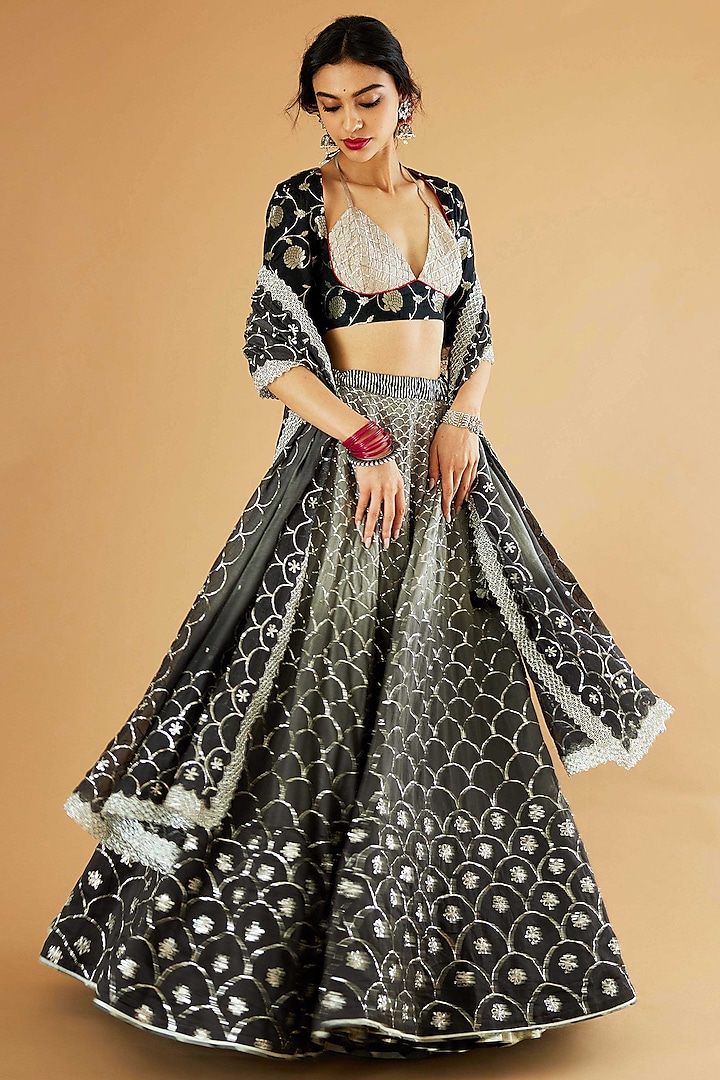 Charcoal Ombre Pure Chanderi Silk Jaal Embroidered Bridal Lehenga Set by Sihali Jageer at Pernia's Pop Up Shop