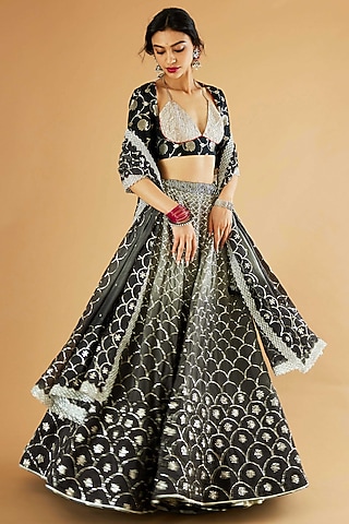 Charcoal Ombre Pure Chanderi Silk Jaal Embroidered Lehenga Set by Sihali Jageer