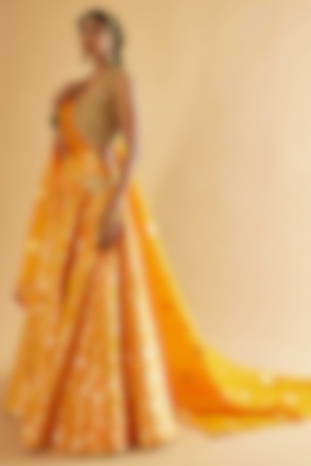 Orangish Yellow Pure Banarasi Brocade Wedding Lehenga Set by Sihali Jageer at Pernia's Pop Up Shop