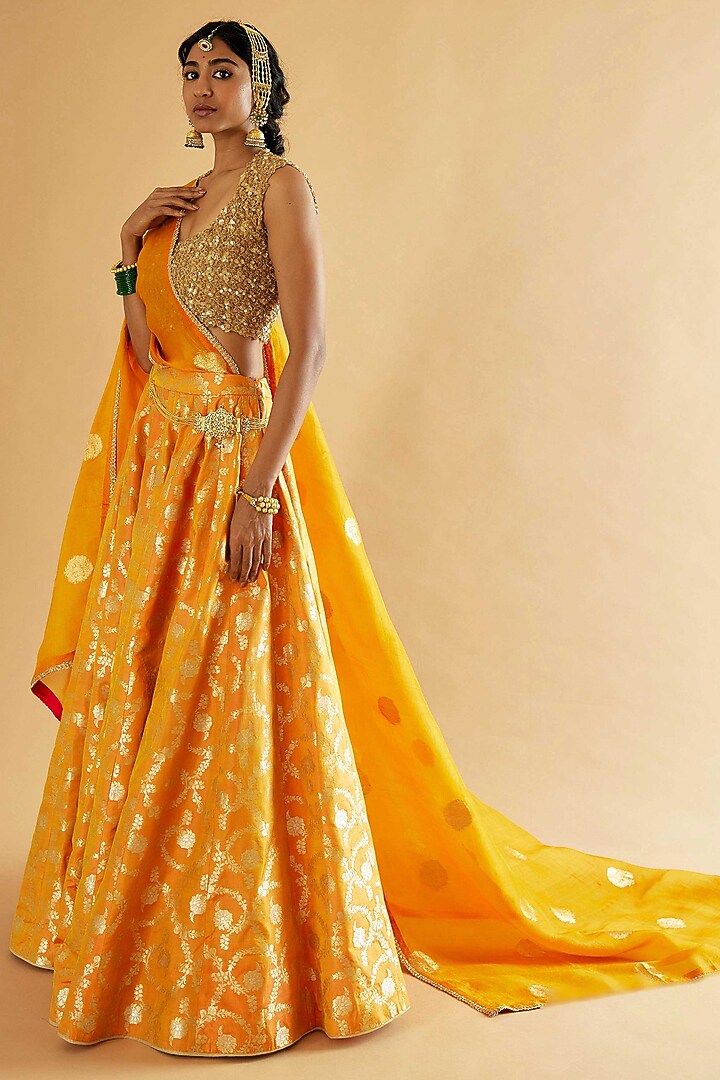 Orangish Yellow Pure Banarasi Brocade Wedding Lehenga Set by Sihali Jageer at Pernia's Pop Up Shop