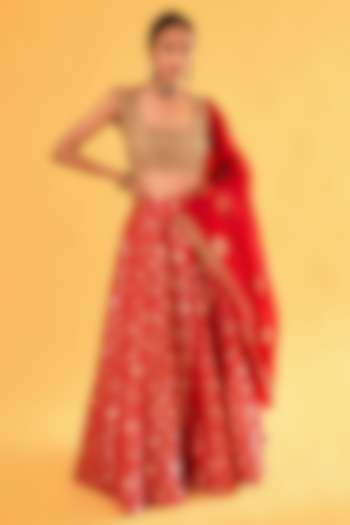 Red Pure Banarasi Brocade Wedding Lehenga Set by Sihali Jageer at Pernia's Pop Up Shop