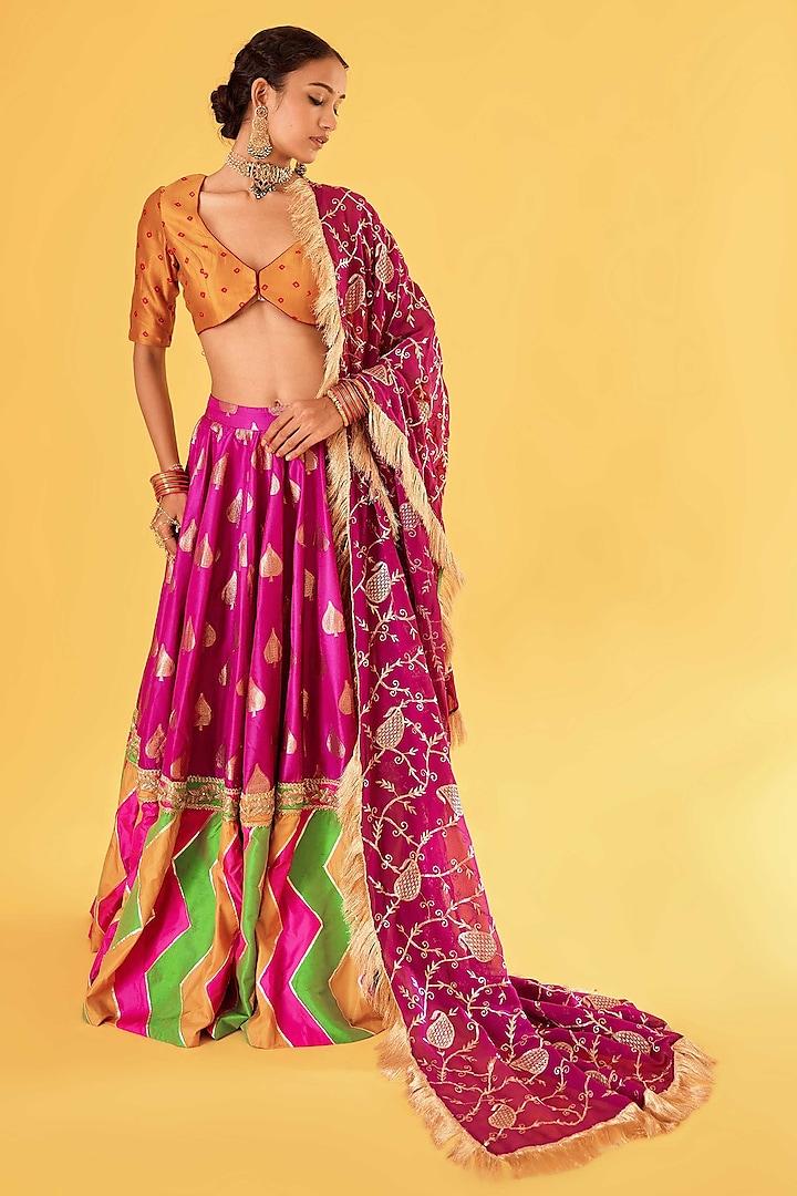 Violet Pure Banarasi Poth Patchwork Bridal Lehenga Set by Sihali Jageer at Pernia's Pop Up Shop