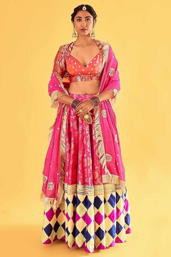 Rani Pink Pure Banarasi Poth Patchwork Bridal Lehenga Set by Sihali Jageer at Pernia's Pop Up Shop