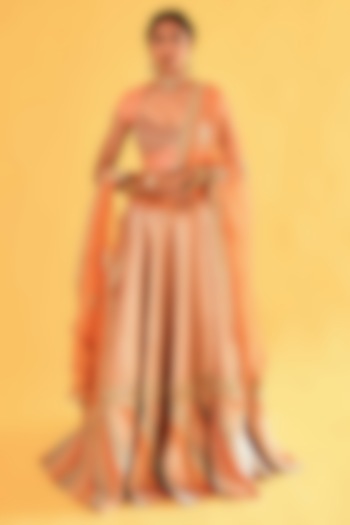 Brick Orange Pure Banarasi Poth Patchwork Bridal Lehenga Set by Sihali Jageer at Pernia's Pop Up Shop