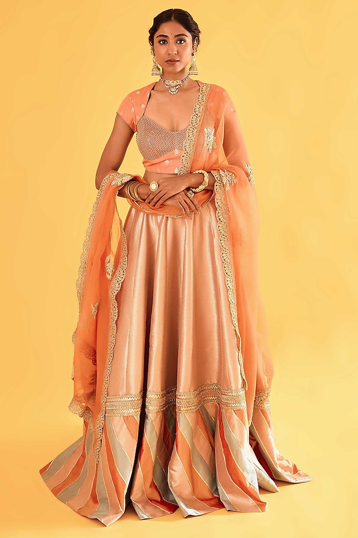 Brick Orange Pure Banarasi Poth Patchwork Bridal Lehenga Set by Sihali Jageer at Pernia's Pop Up Shop