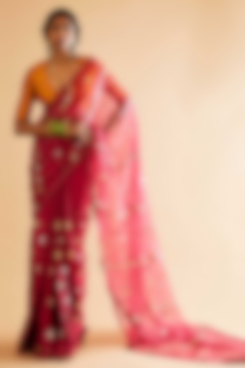 Red Pure Georgette Aari Boota Embroidered Wedding Saree Set by Sihali Jageer at Pernia's Pop Up Shop