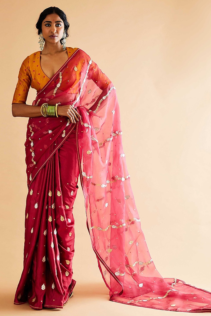 Red Pure Georgette Aari Boota Embroidered Wedding Saree Set by Sihali Jageer at Pernia's Pop Up Shop