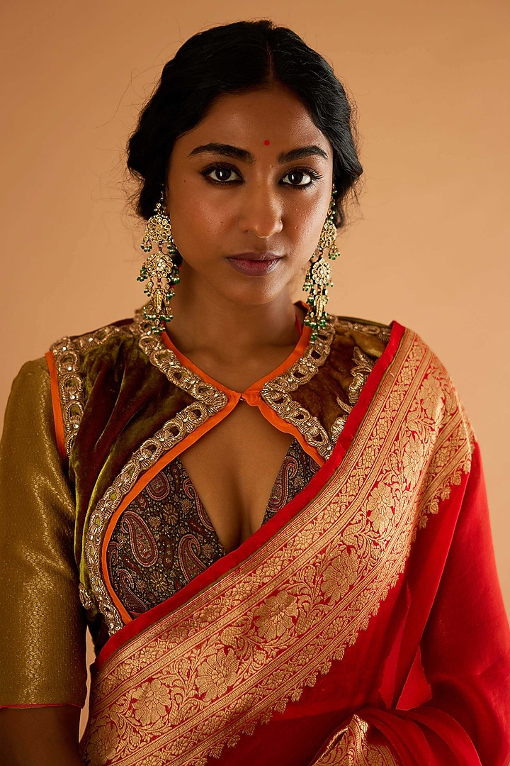 Reddish Orange Pure Organza Banarasi Boota Wedding Saree Set by Sihali Jageer at Pernia's Pop Up Shop