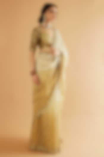 Beige Ombre Pure Mul Chanderi Dabka Work Wedding Saree Set by Sihali Jageer at Pernia's Pop Up Shop