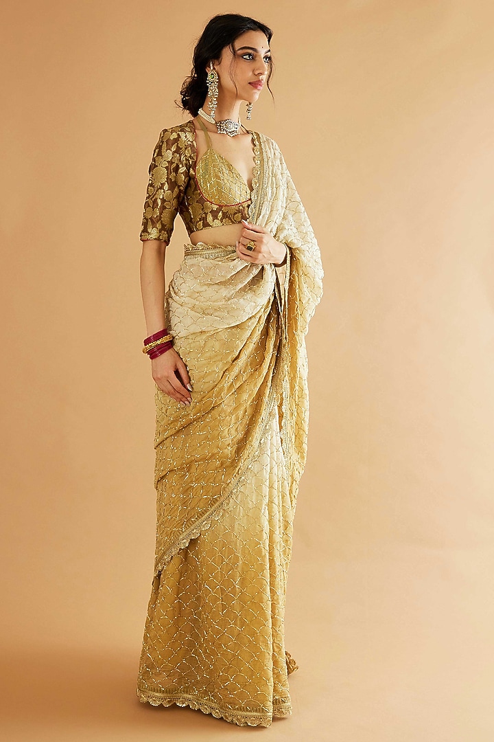 Beige Ombre Pure Mul Chanderi Dabka Work Wedding Saree Set by Sihali Jageer at Pernia's Pop Up Shop