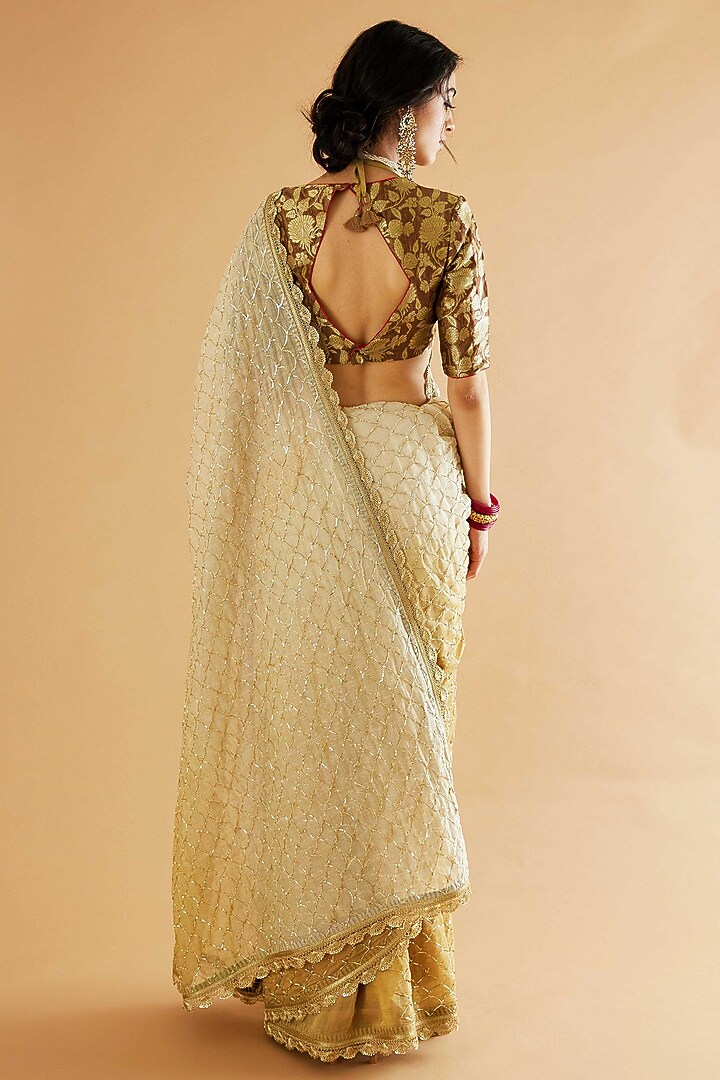 Beige Ombre Pure Mul Chanderi Dabka Work Wedding Saree Set by Sihali Jageer at Pernia's Pop Up Shop