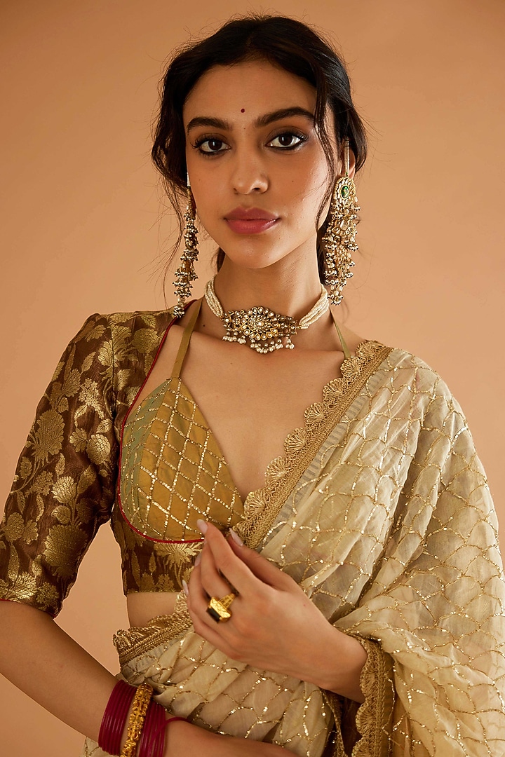 Beige Ombre Pure Mul Chanderi Dabka Work Wedding Saree Set by Sihali Jageer at Pernia's Pop Up Shop
