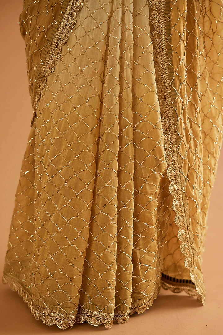 Beige Ombre Pure Mul Chanderi Dabka Work Wedding Saree Set by Sihali Jageer at Pernia's Pop Up Shop