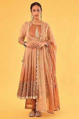 Ochre Ombre Pure Mul Chanderi Zardosi Embroidered Anarkali Set by Sihali Jageer