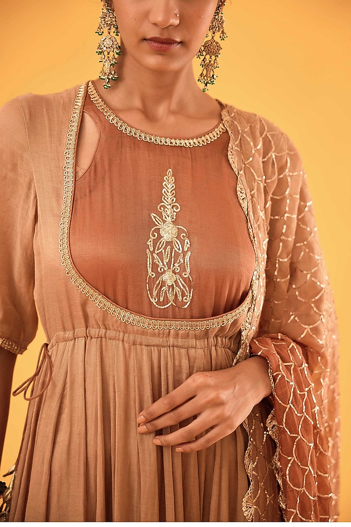 Ochre Ombre Pure Mul Chanderi Zardosi Embroidered Bridal Anarkali Set by Sihali Jageer at Pernia's Pop Up Shop