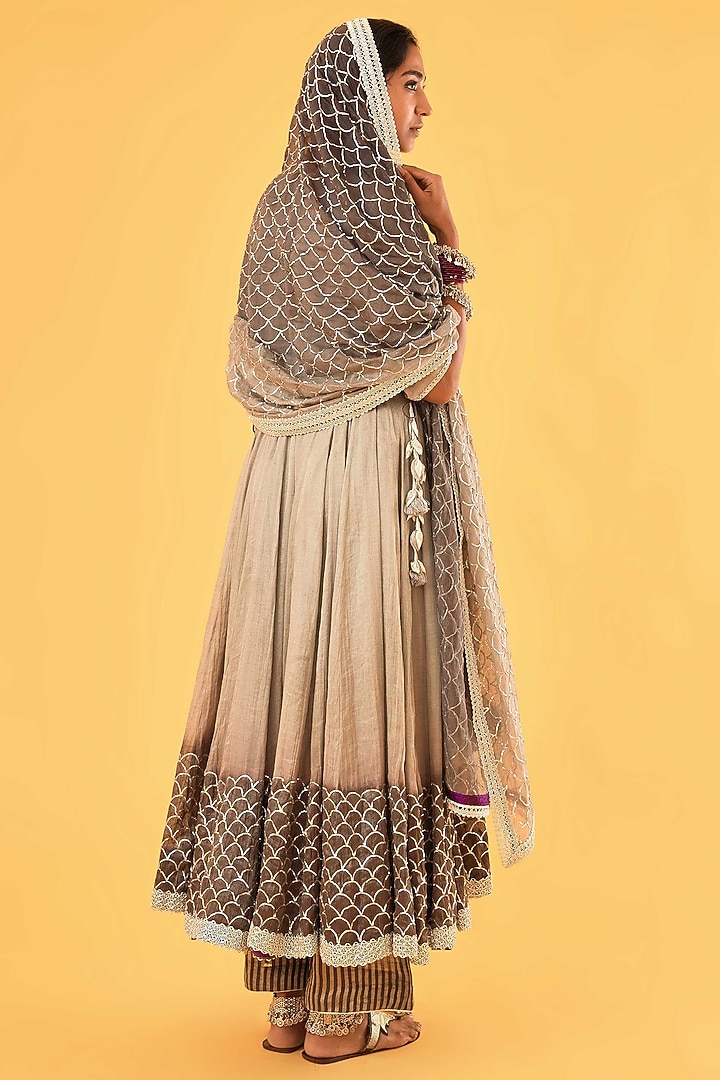 Charcoal Ombre Pure Mul Chanderi Zardosi Embroidered Bridal Anarkali Set by Sihali Jageer at Pernia's Pop Up Shop
