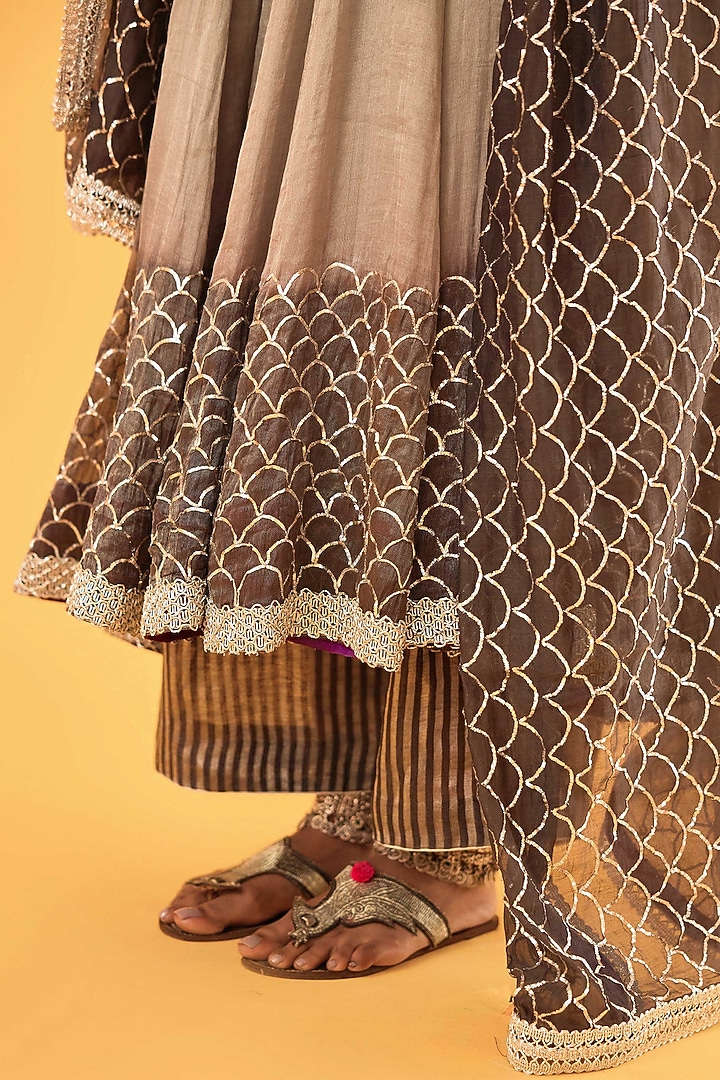 Charcoal Ombre Pure Mul Chanderi Zardosi Embroidered Bridal Anarkali Set by Sihali Jageer at Pernia's Pop Up Shop