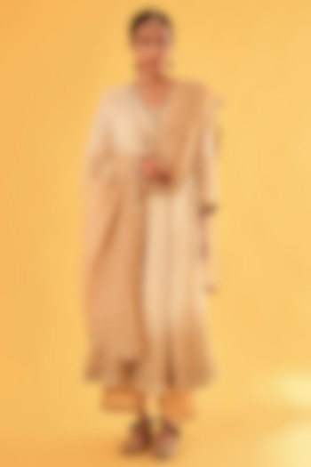 Beige Ombre Pure Mul Chanderi Zardosi Embroidered Bridal Anarkali Set by Sihali Jageer at Pernia's Pop Up Shop