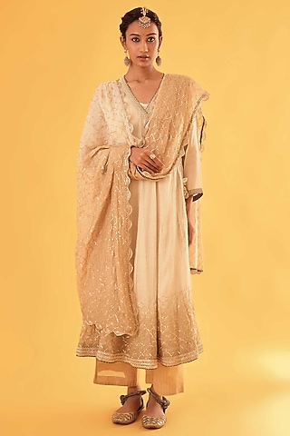 Beige Ombre Pure Mul Chanderi Zardosi Embroidered Anarkali Set by Sihali Jageer