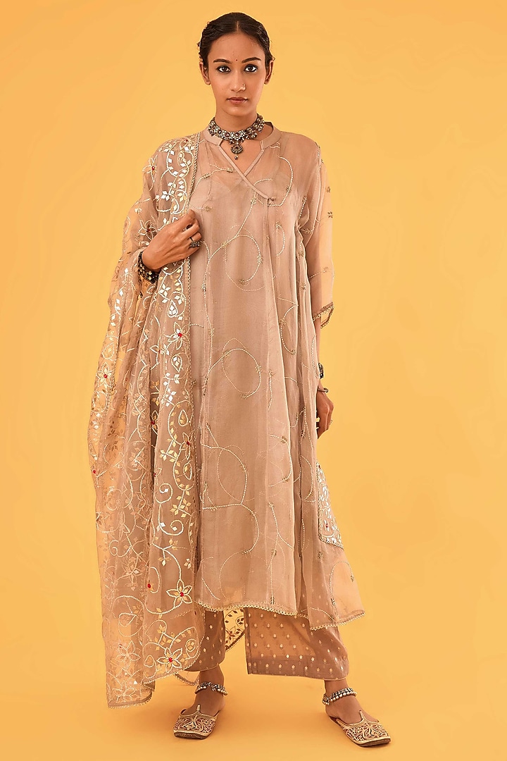Beige Pure Organza Gota-Patti Embroidered Kurta Set by Sihali Jageer at Pernia's Pop Up Shop
